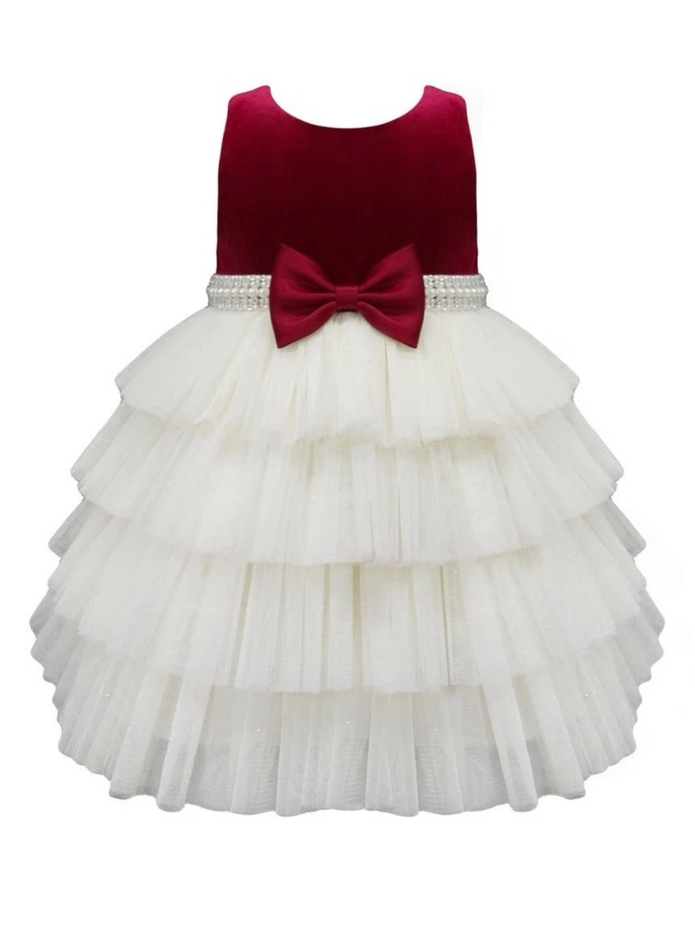American Princess Burgundy Red Velvet & Tulle Pearl Accent Dress, 12M